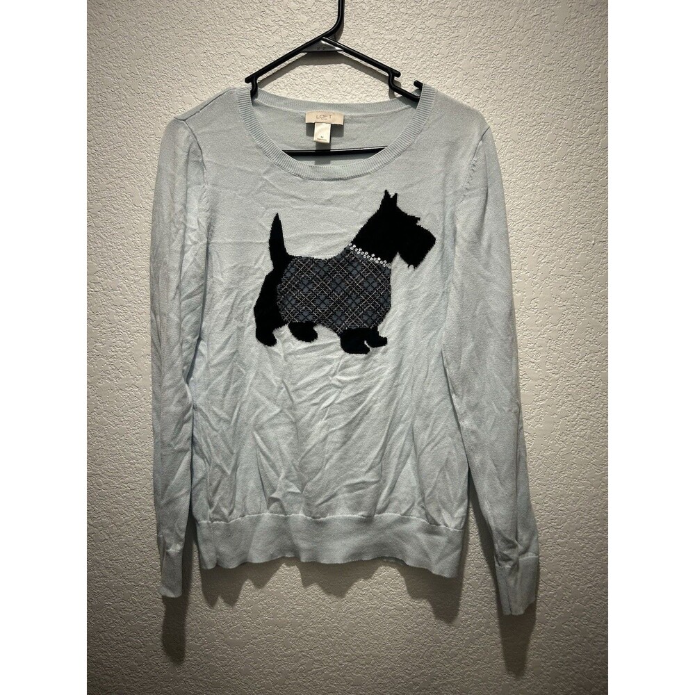 Loft Cotton Sweater Baby Blue Scottie Dog Rhinestone Collar Women Size Medium